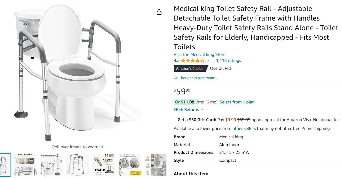 Medical King compact toilet safety rail with grab bars website screenshot