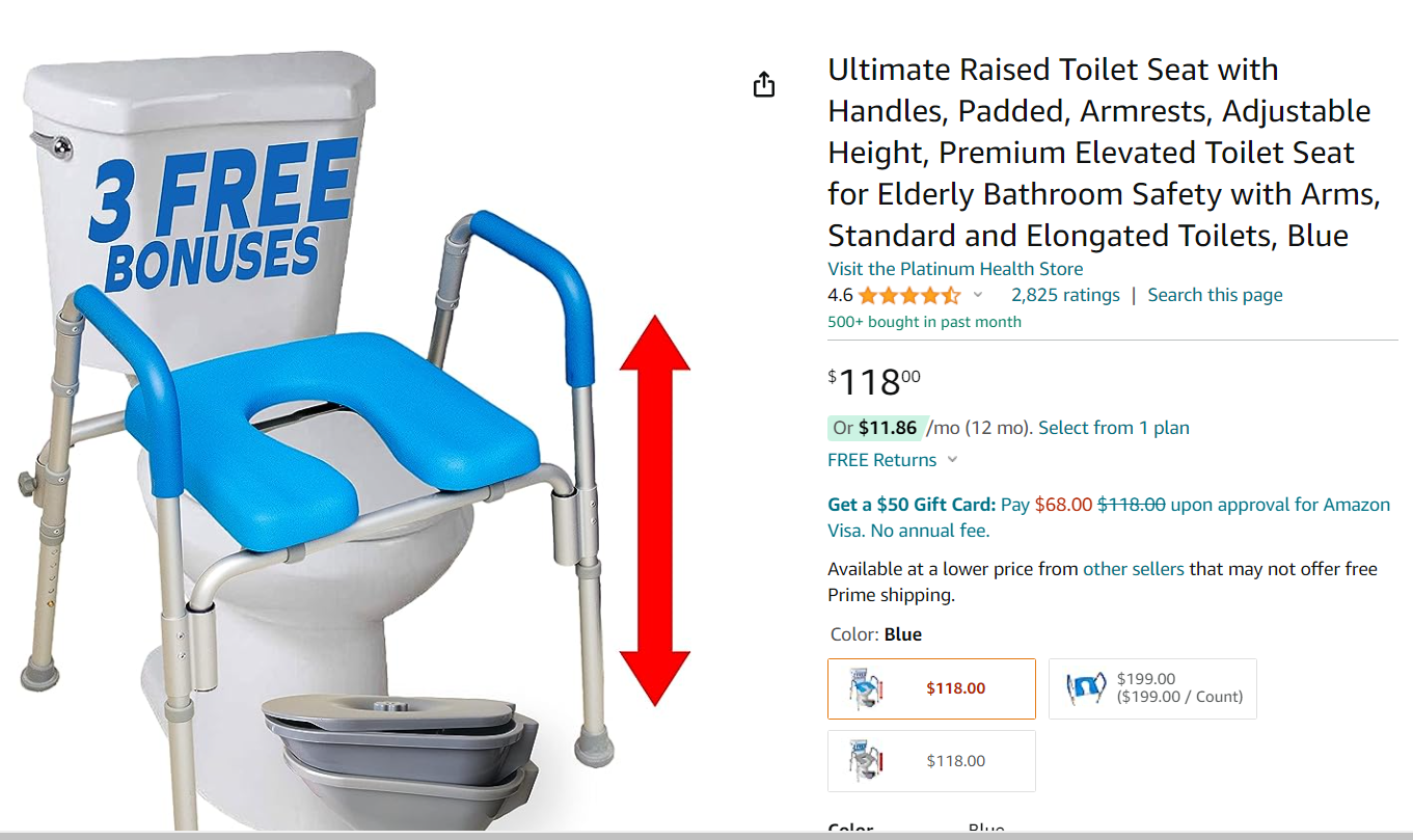 Ultimate multi-purpose raised toilet seat with safety arms website screenshot