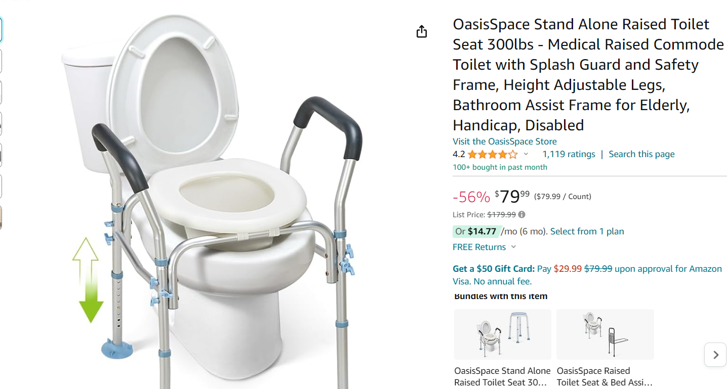 OasisSpace raised toilet seat paired with a sturdy safety rail website screenshot