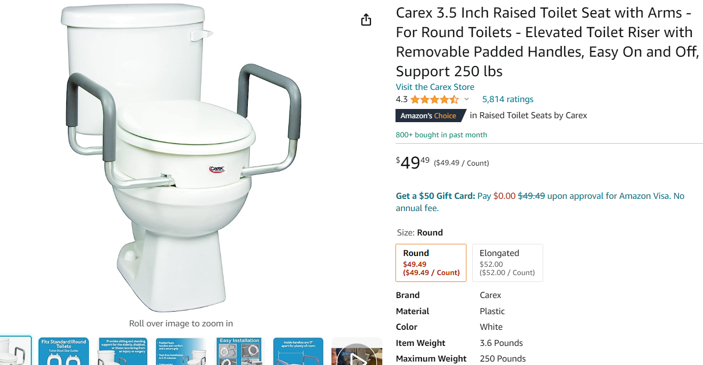 Carex raised seat for elongated toilets with built-in handles website screenshot