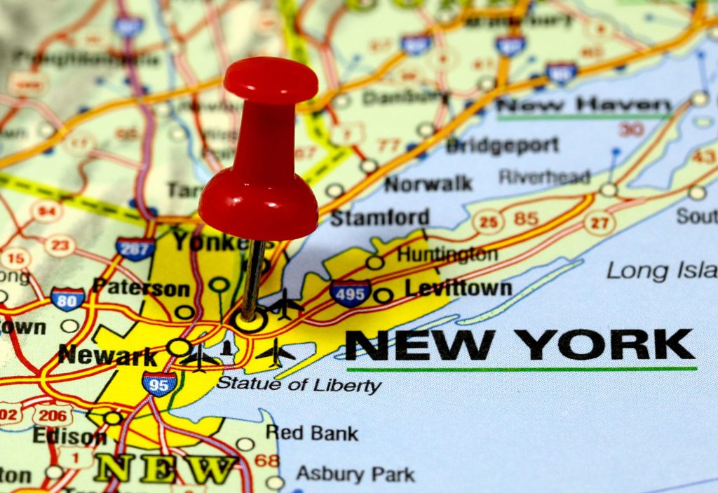 new york city on a map with a pin