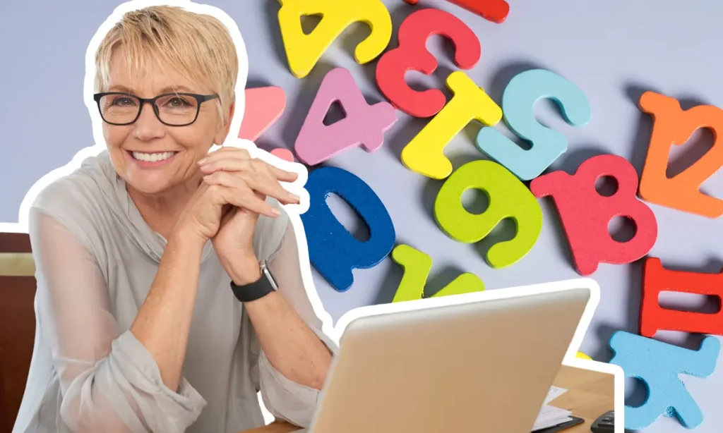 happy senior woman sitting with a computer and lots of colorful numbers in the background, age is just a number concept