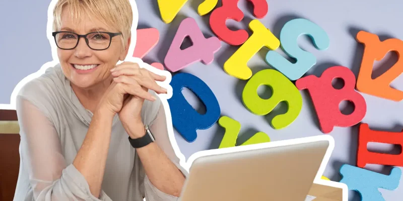 happy senior woman sitting with a computer and lots of colorful numbers in the background, age is just a number concept
