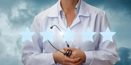 Rating of doctors and medical professionals . Five stars on the background of the doctor.