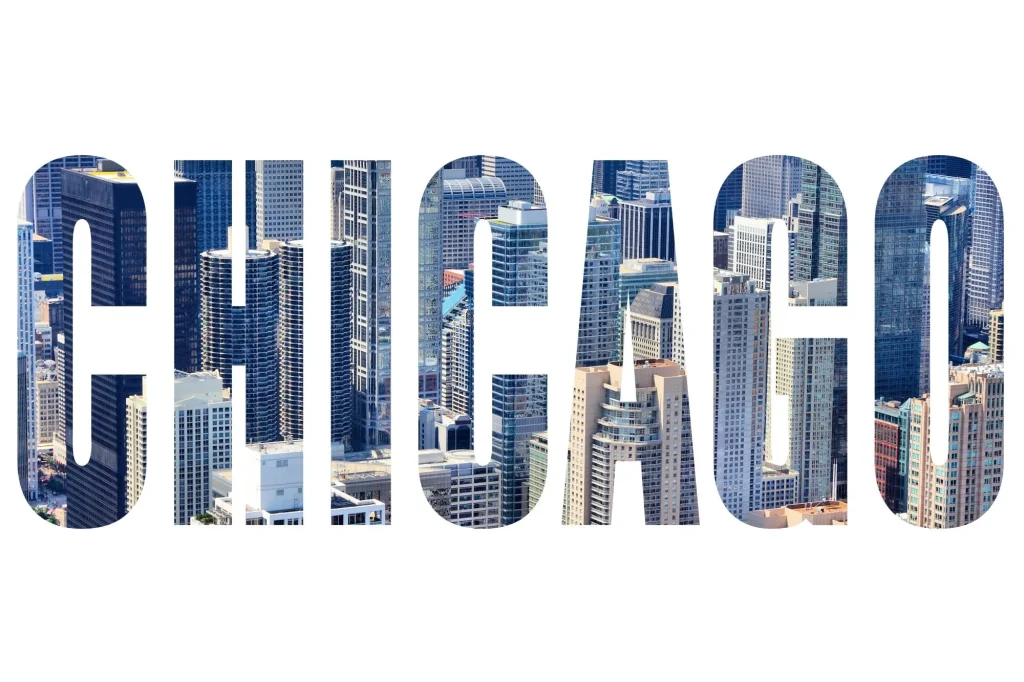 Chicago city name - USA travel destination sign on white background