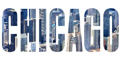 Chicago city name - USA travel destination sign on white background