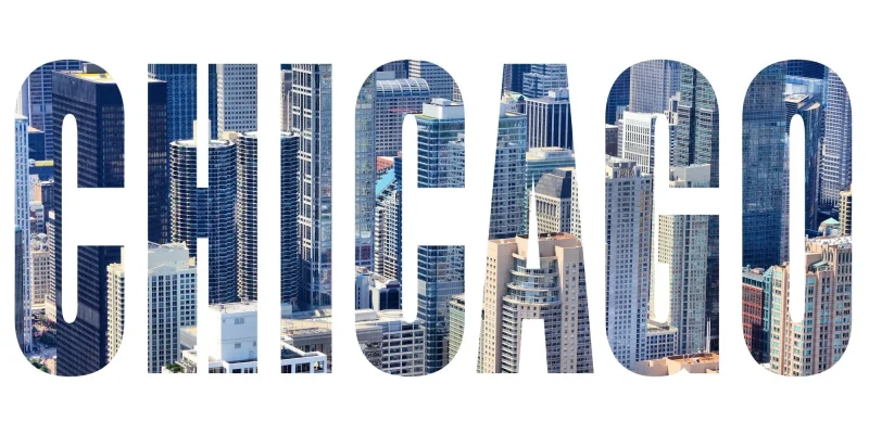 Chicago city name - USA travel destination sign on white background