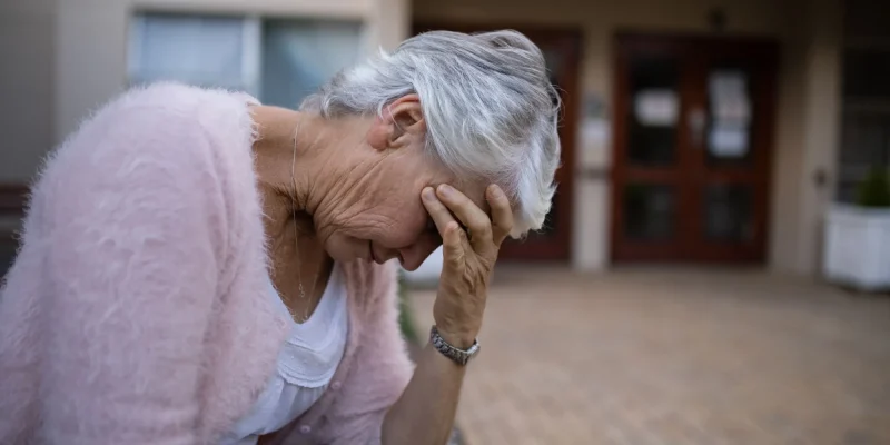 Side view of depressed senior woman sitting on bench with head in hand against nursing home or hospital feeling in disbelief