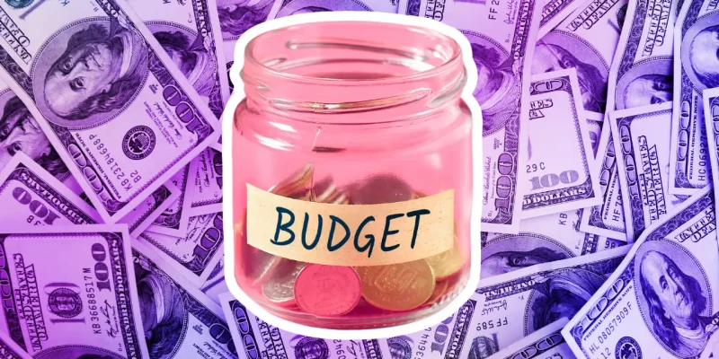 jar of coins with the word budget written on the front, 100 dollar bills in the background, bold purple and pink hues all around