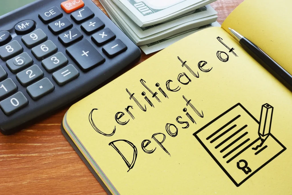 Certificate of deposit CD is shown on a photo using the text