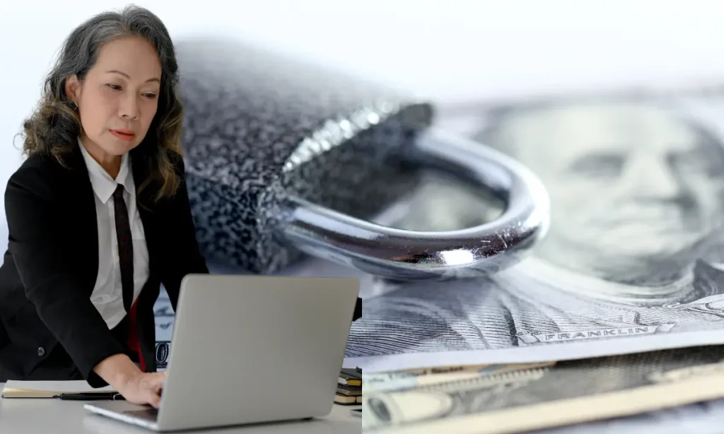 money control, senior asain woman using computer to closely monitor money