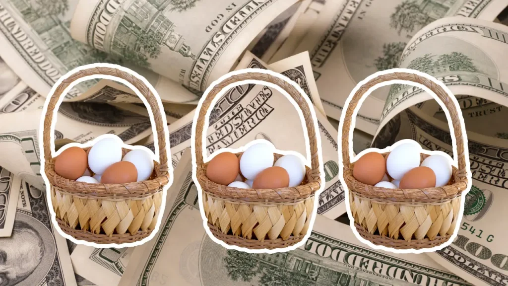 money background, several baskets of eggs, symbolizing diversification of money and savings