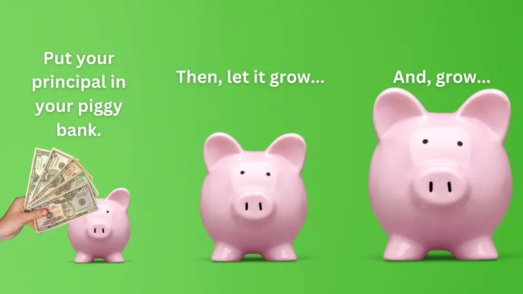 explaining how a deferred annuity works with three piggy banks on a green background, sizes small, medium, and large, with a hand giving the first piggy bank money, the principal