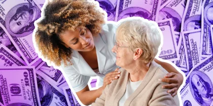 home health care worker and senior woman with a money background, purple hues