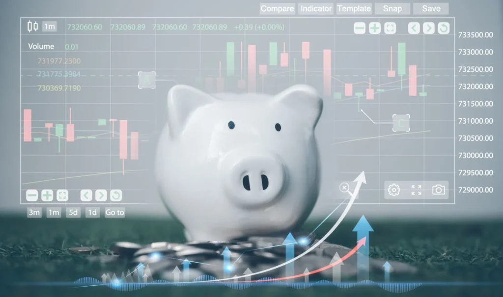 saving and investment for retirement plan, piggy bank and virtual trading graph in concept of invest now for life