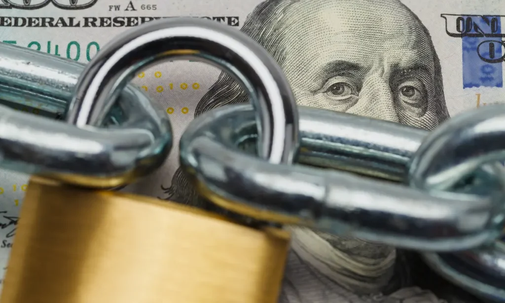 locked up dollar bill, money, access denied illustration