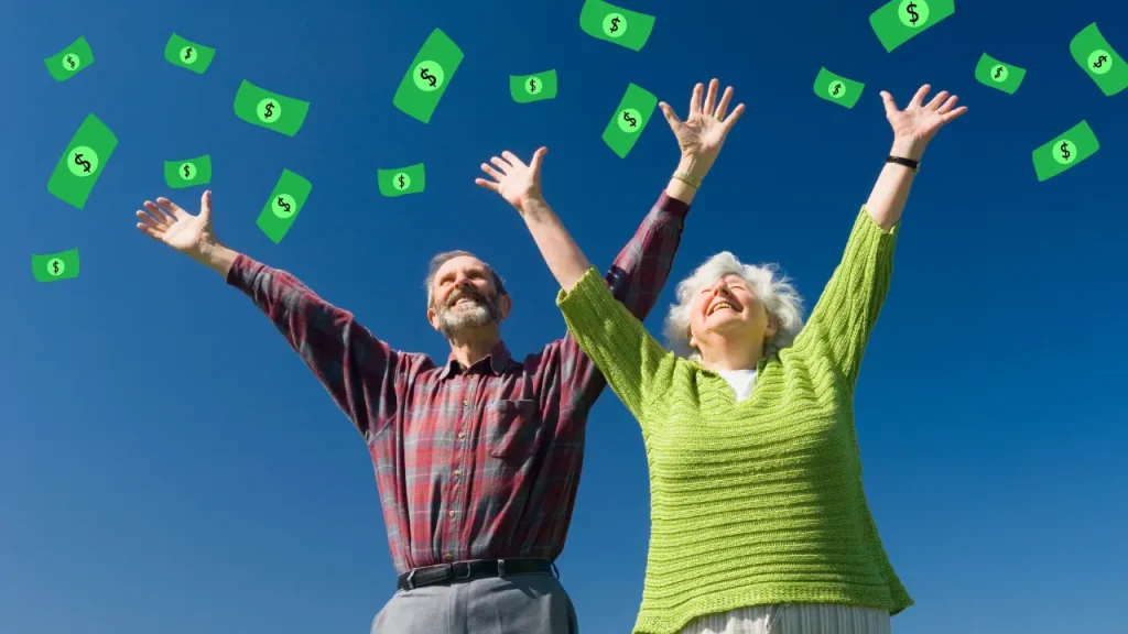 rich couple in their 70s with money raining down