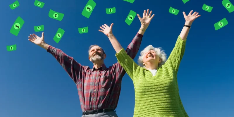 rich couple in their 70s with money raining down