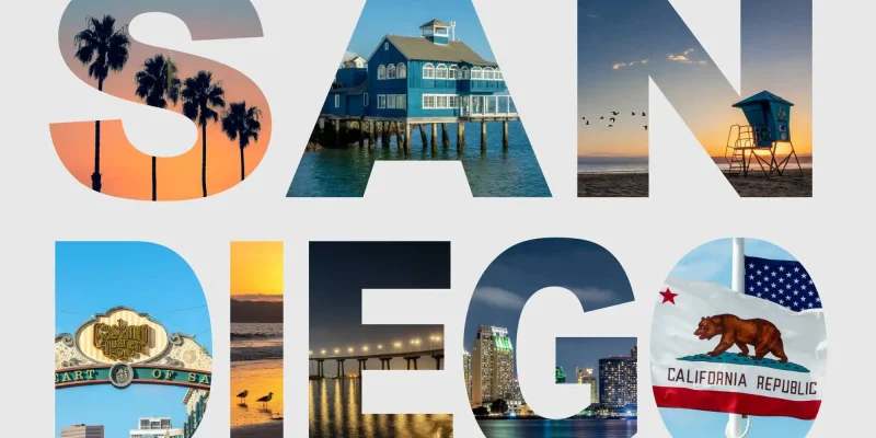 Letters SAN DIEGO, iconic landmarks photo collage isolated on white background