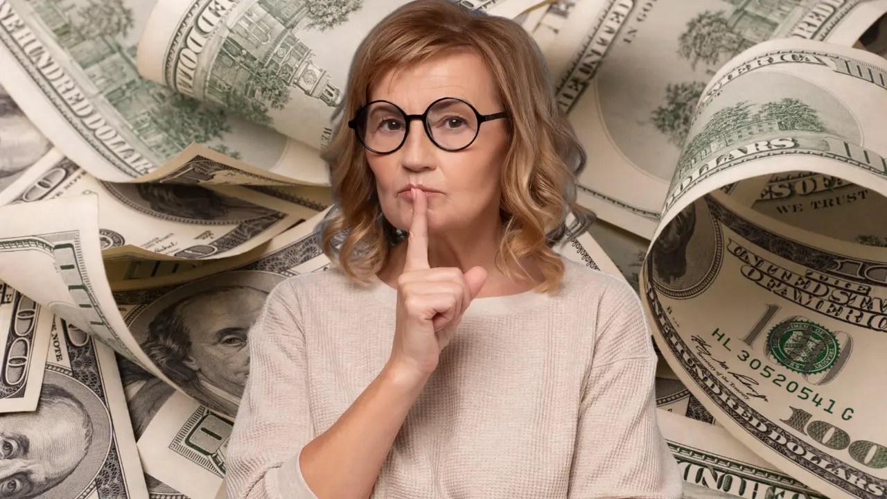 senior woman saying"shh" in front of a lot of $100 dollar bills
