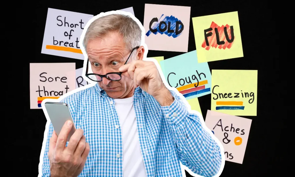 senior, older, retiree man looking at a cell phone for health and medical advice, but confused