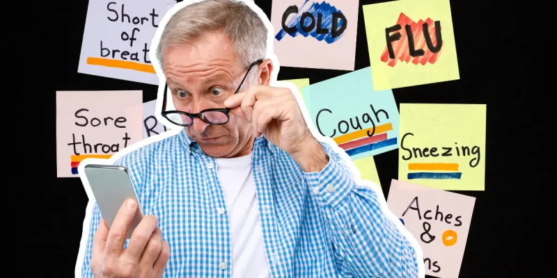 senior, older, retiree man looking at a cell phone for health and medical advice, but confused