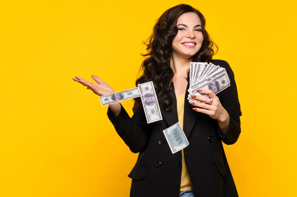 young lady with money, yellow background