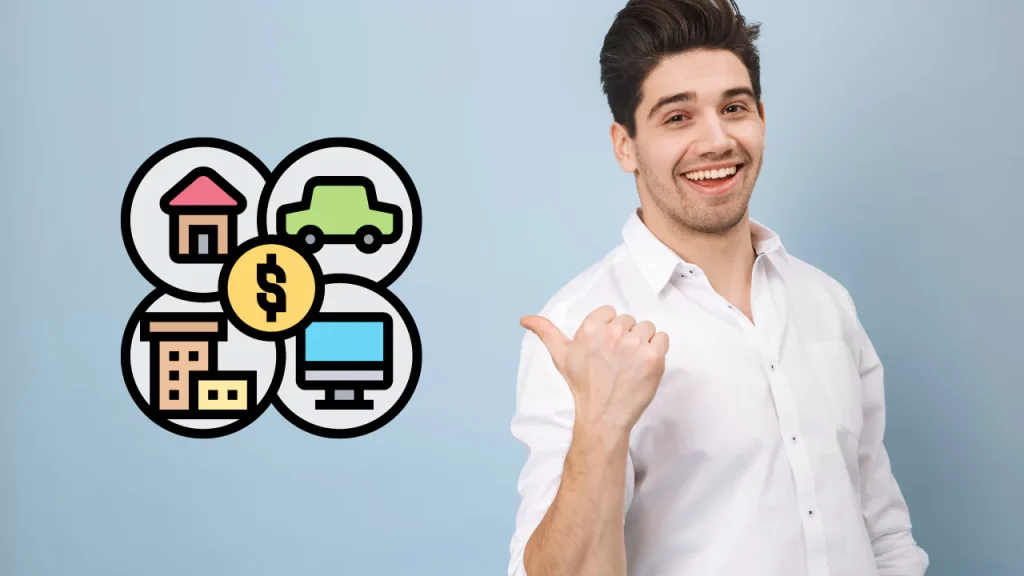 young guy pointing to clipart representing assets