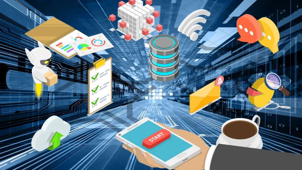busy internet background with clipart of digital assets
