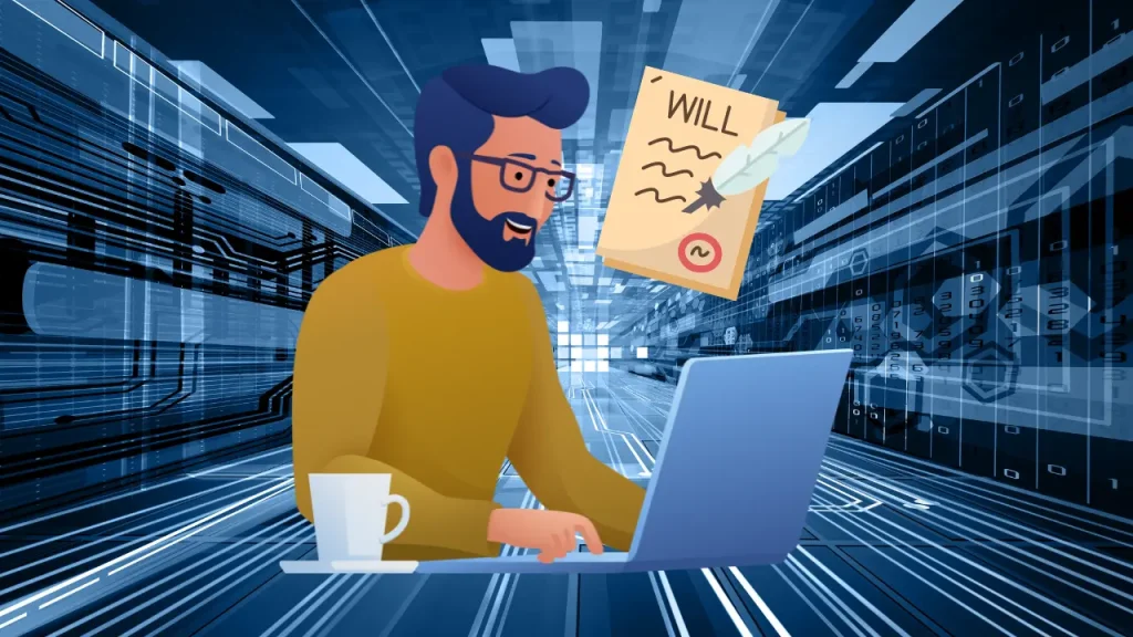 clipart man writing a digital will using a computer