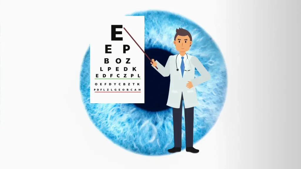 eye doctor cartoon pointing to an eye chart, standing in front of a giant eyeball