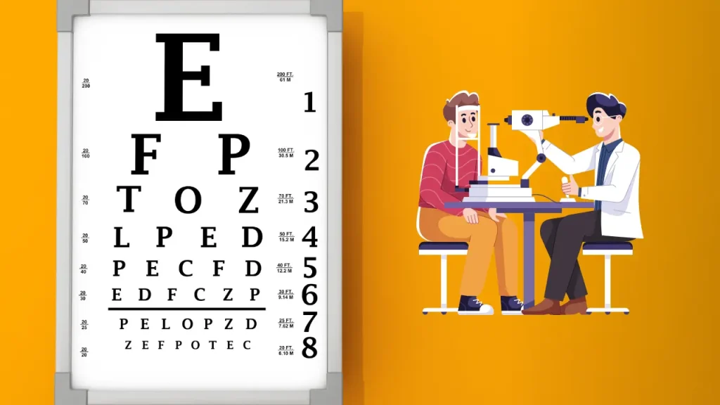 a man getting an eye exam on an orange background and a giant eye chart next to them