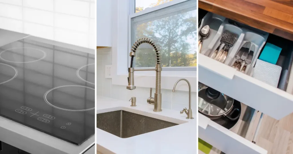 kitchen appliances, stove, sink, drawers
