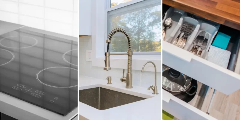kitchen appliances, stove, sink, drawers