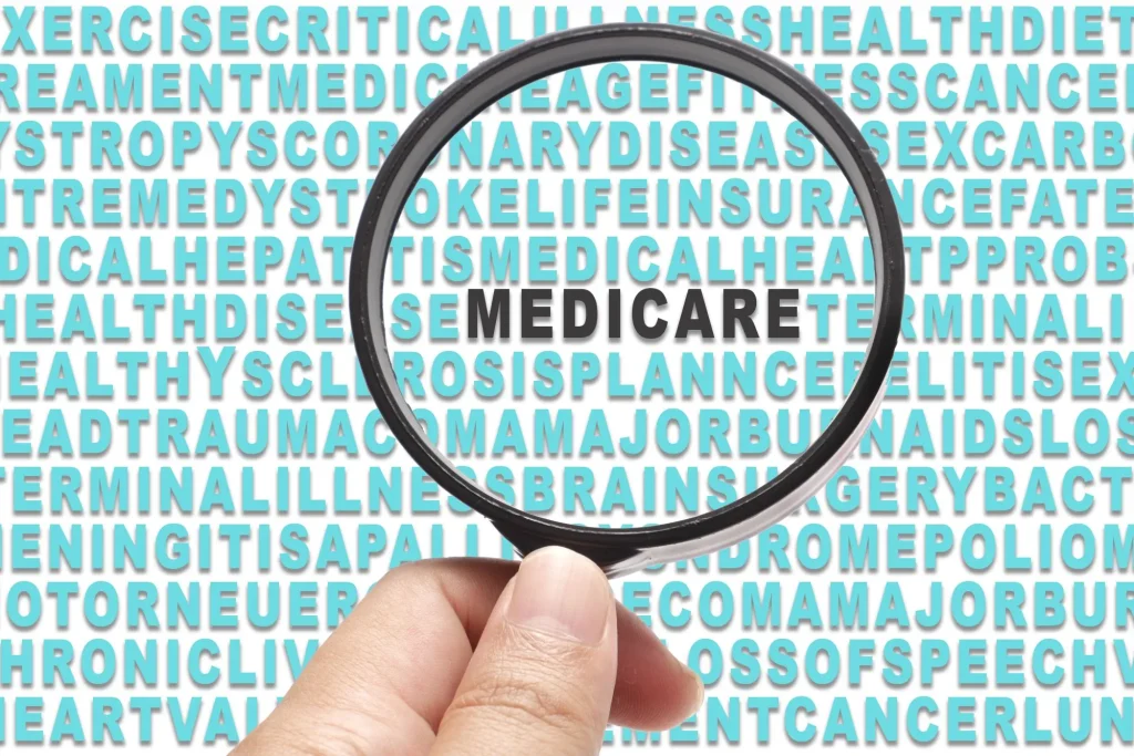 Lots of words and letters in the background, the word medicare in bold and magnified with a magnifying glass