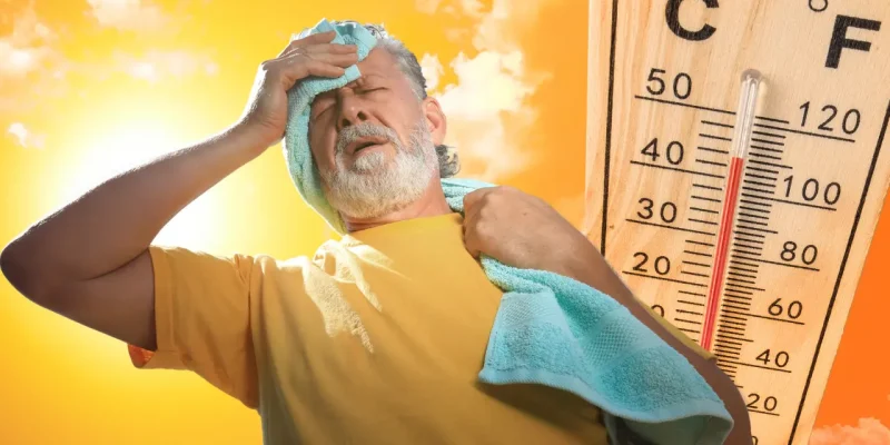senior man wiping brow in heat with thermometer next to him