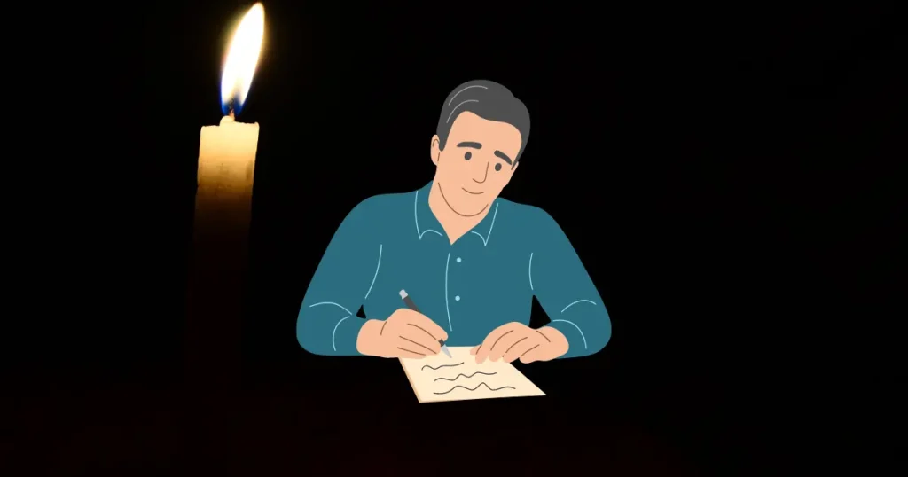 writing an obituary or memorial clipart with candle behind man