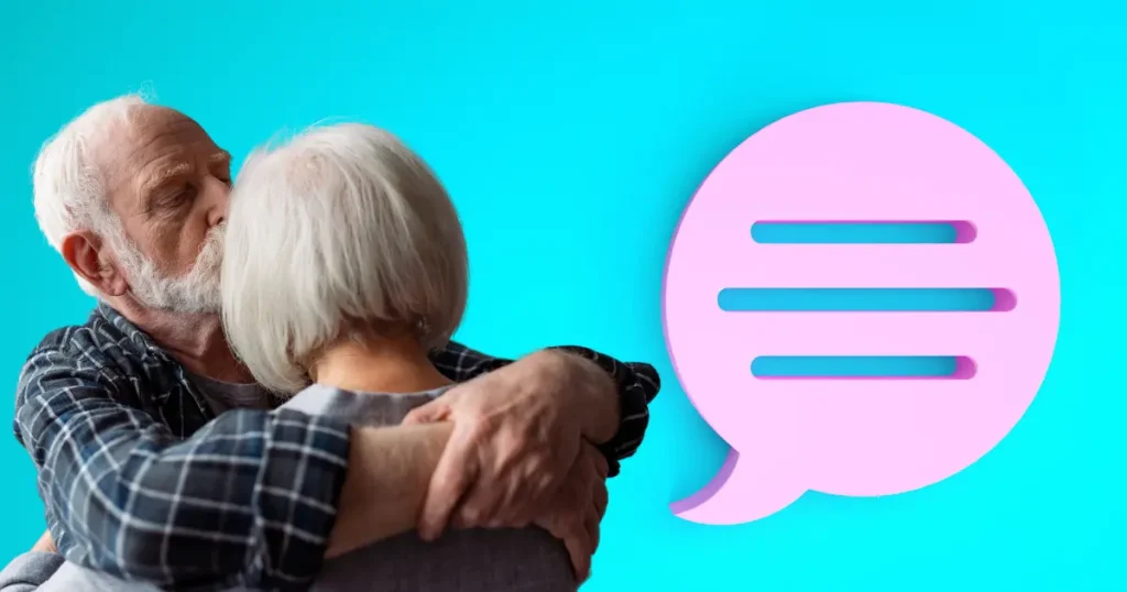 communicating with someone who has Alzheimer's or dementia, senior man kissing his wife's head with a text bubble nearby