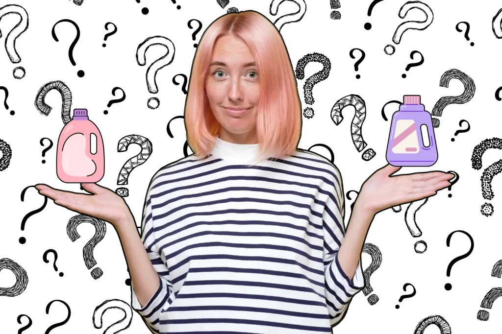 girl with pink hair comparing detergents