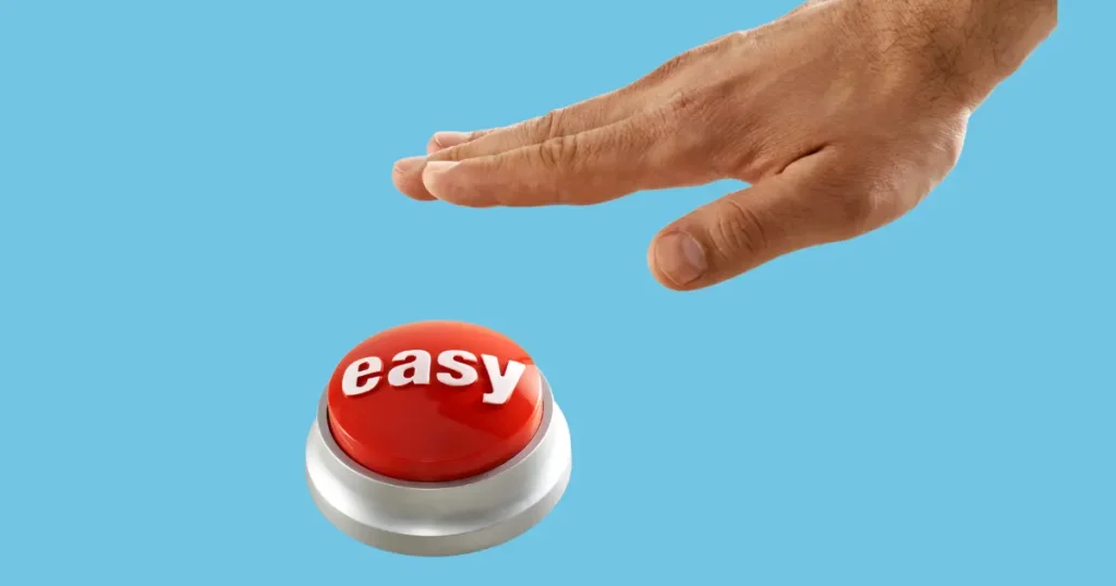 light blue background and an easy button being pressed