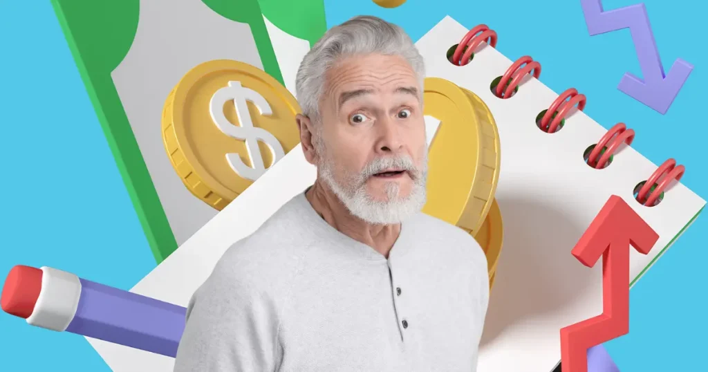 senior retired man with a suprised look on his face beause of expenses in the background