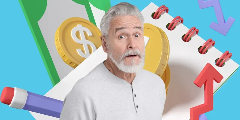 senior retired man with a suprised look on his face beause of expenses in the background