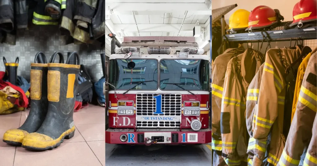 fire station collage, boots and equipment and a fire truck