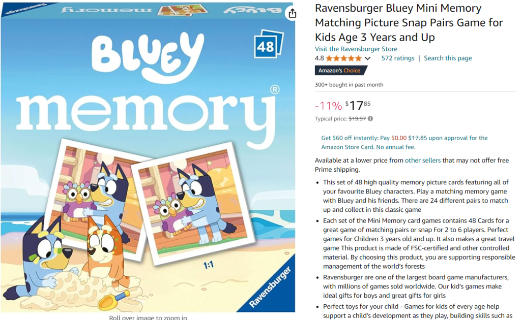 Bluey Memory game screenshot from Amazon