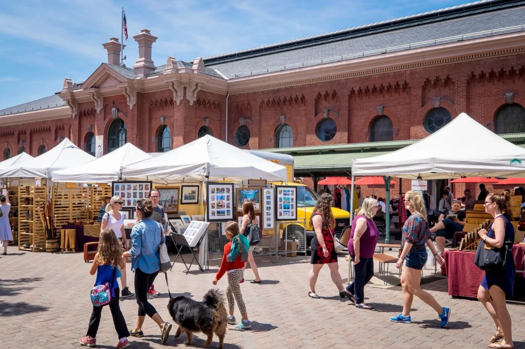 Historic Eastern Market in the Capitol Hill neighborhood, built in 1805. The indoor food market and outdoor artisan stalls attract both visitors and residents.