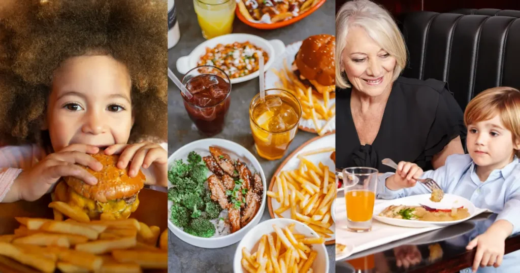 collage of restaurant food and kids eating out with grandparents