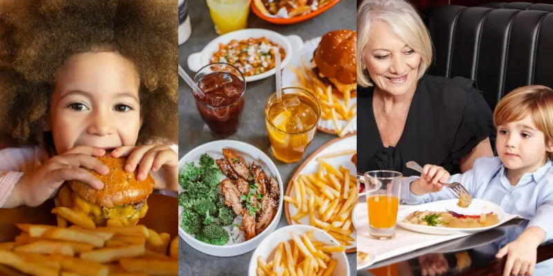 collage of restaurant food and kids eating out with grandparents