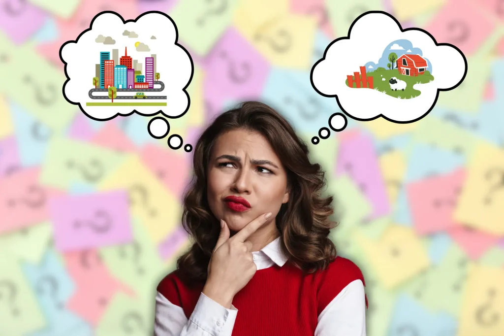 lady thinking, country or city thought bubbles