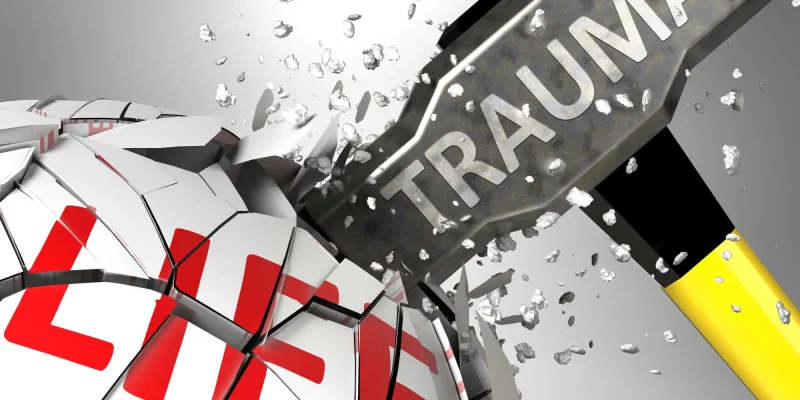 Trauma and destruction of health and life - symbolized by word Trauma and a hammer to show negative aspect of Trauma, 3d illustration