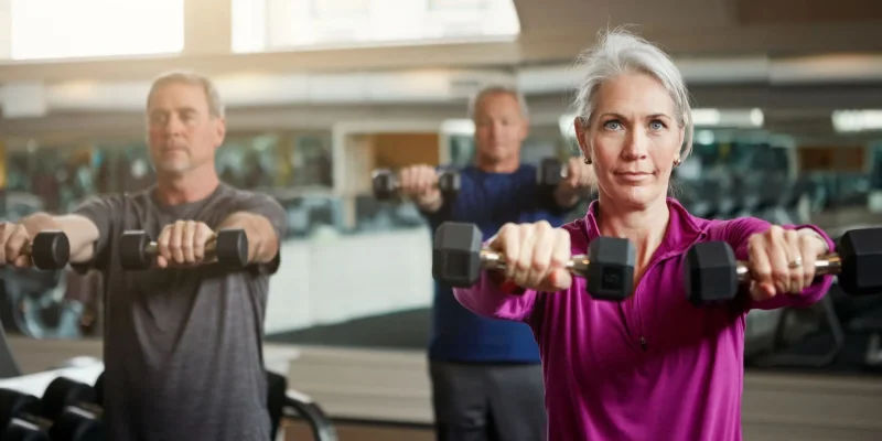 Fitness, training and senior people with dumbbells at gym for club exercise, wellness or cardio, health or strength. Class, workout or elderly friends at sports studio for bodybuilding weightlifting
